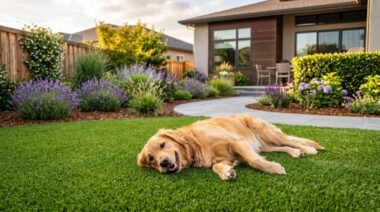 Golden Retriever resting on lush pet-safe artificial grass in a mud-free backyard