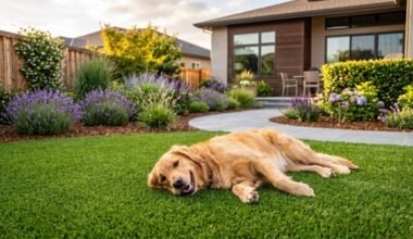 Golden Retriever resting on lush pet-safe artificial grass in a mud-free backyard