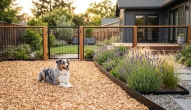Australian Shepherd relaxing on clean engineered cedar mulch in a mud-free backyard dog run