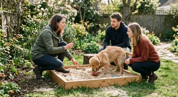 Dog Digging Box Answer Guide — Dog digging Clean backyard dog digging sandbox equipped with pet-safe play sand and a fitted protective wooden cover