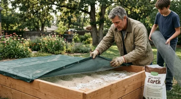 Protecting Sandbox From Pests — Dog digging sandbox Heavy-duty fitted waterproof cover installed securely over a cedar dog digging sandbox to prevent pests and moisture buildup