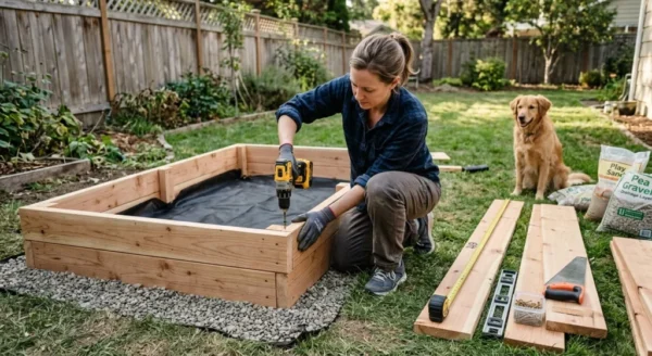 DIY Sandbox Construction Step — Dog digging sandbox DIY wooden frame construction for an outdoor dog digging sandbox with drainage gravel in a residential backyard